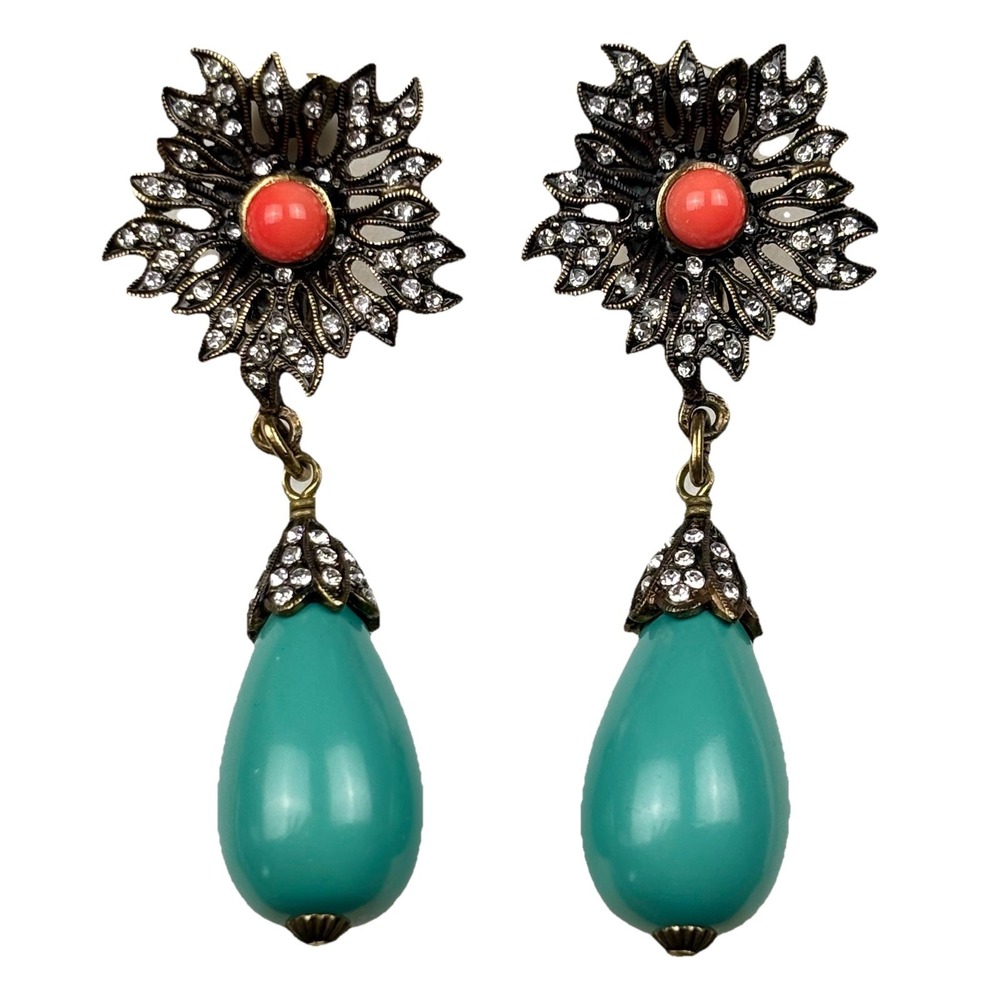 Heidi Daus Crystal Drop Earrings Floral Turquoise Clip